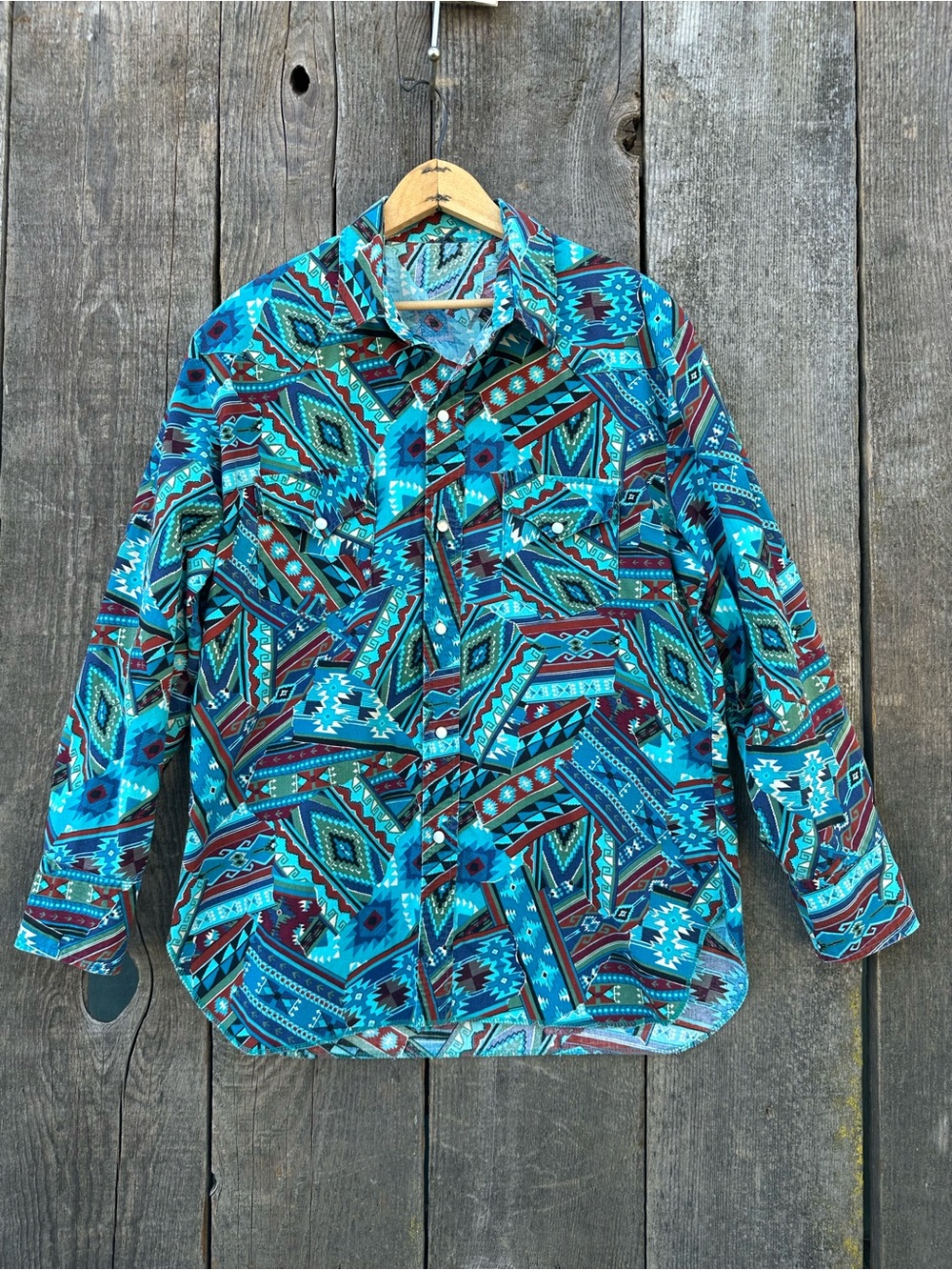 VTG 80s Handmade Southwestern Pattern Pearl Snap Cowboy Rodeo Button Up Large